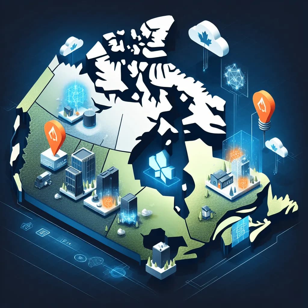 Carte du Canada illustrant les services IA de NuaWeb pour PME: CRM, e-commerce, automatisation, cloud et SEO.